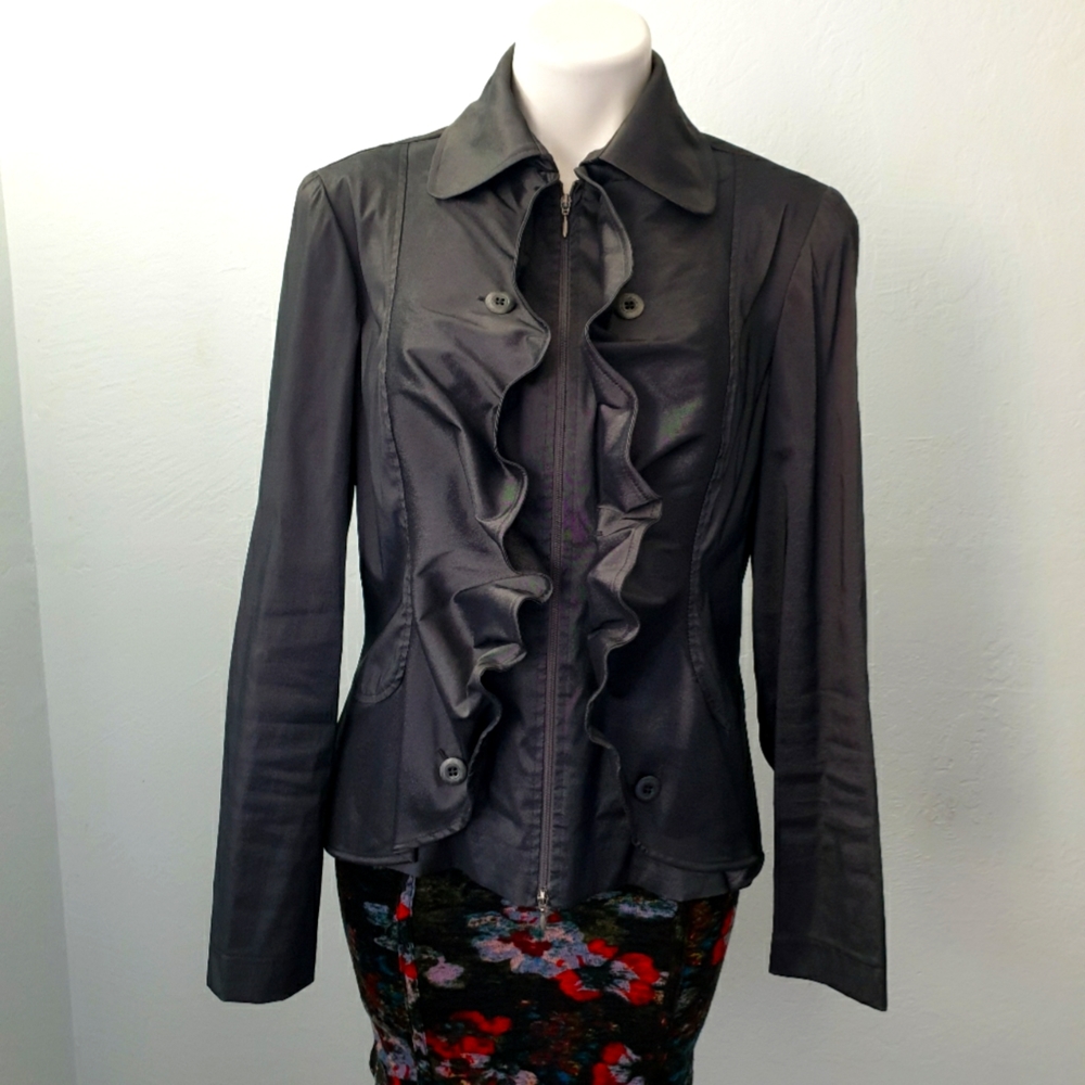 Joseph Ribkoff Moldable Ruffle Zip up Jacket Black Shimmer size 12